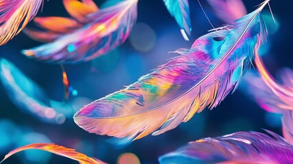 Poster - rainbow feathers in flight: a mesmerizing display of vibrant, iridescent feathers floating against a