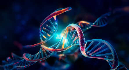 Poster - Abstract DNA double helix glows against a dark blue backdrop, showcasing its intricate structure with vibrant colors and dynamic lighting.