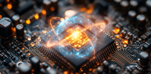 Fototapete - A vivid display of quantum computing principles is depicted, showcasing a circuit board with glowing qubits in superposition and entanglement, illustrating complex algorithms in action.