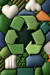 Poster - A contemporary digital rendering capturing an eco-chic recycling icon composed of diverse fabrics,