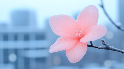 Poster - Dreamlike close-up capturing a soft pink bud breaking through stark, winter-stripped branches,