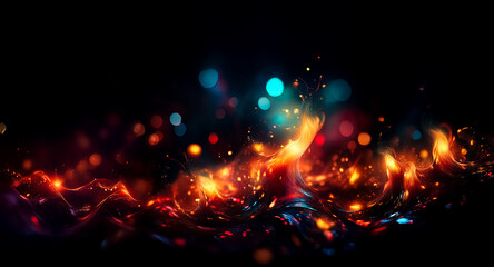 Fototapete - Abstract blurry lights in orange, red, blue, and yellow on a dark backdrop. Bokeh effect and glowing vibrant shapes create a dynamic feel.