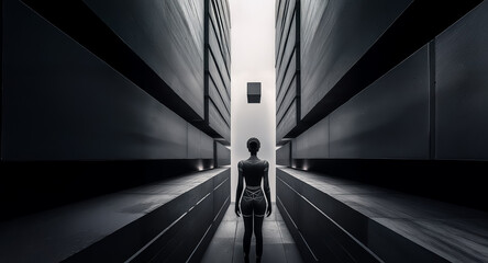 Aufkleber - A lone figure stands in a dark narrow corridor between towering structures. Mysterious box floats above, enhancing isolation and the unknown.