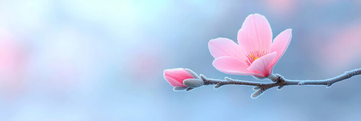 Aufkleber - Poetic macro image of a pink magnolia bud in crisp detail, set against a winter landscape of
