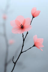 Poster - Elegant close-up of a tender pink bud clinging to bare branches, with soft ambient light and subtle