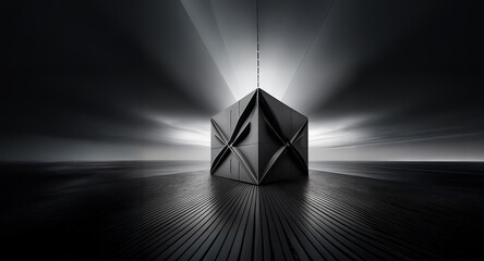 Fototapete - Dramatic monochrome image of a cube-like form centrally placed, illuminated by bright rays, on a structured surface against a dark background.