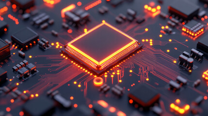 Aufkleber - Hyperreal close-up of integrated circuits illuminated by neon glows, emphasizing fine details that