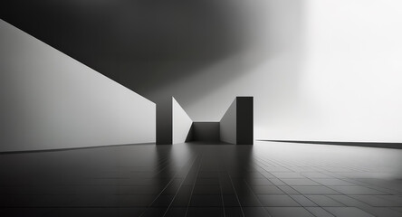 Poster - Minimalist interior with geometric architecture in black and white. Strong light and shadow play create contrast within the empty architectural space.