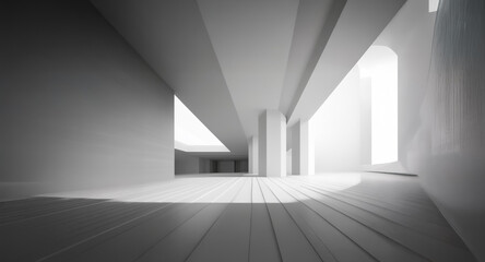 Poster - White architectural space with beams and pillars. Bright light floods the area, creating strong shadows and a sense of depth and minimalist design.