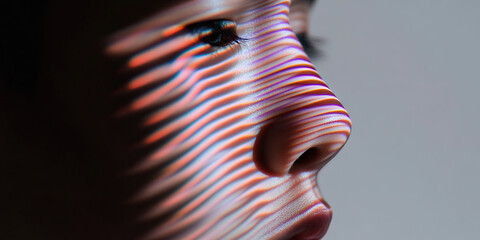 Poster - Human Face with Projected Multicolored Linear Pattern