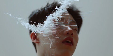 Poster - Young Person's Face Partially Obscured by White Linear Design