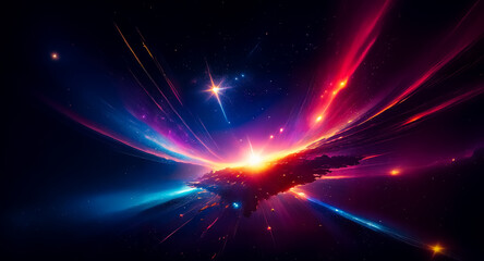 Aufkleber - Radiant cosmic explosion with bright light streaks emanating from the center, illuminating dark space with bursts of color and energy.