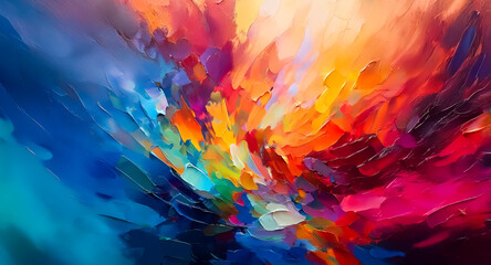 Poster - Abstract painting with vibrant brushstrokes in warm and cool colors. Dynamic and swirling composition creates an expressive, textured artwork.