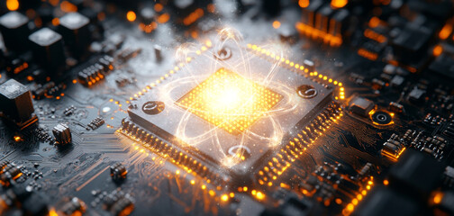 Fototapete - A processor showcasing quantum computing concepts with a glowing center, representing qubits. Surrounding circuitry illuminates the potential of advanced algorithms and data optimization techniques.
