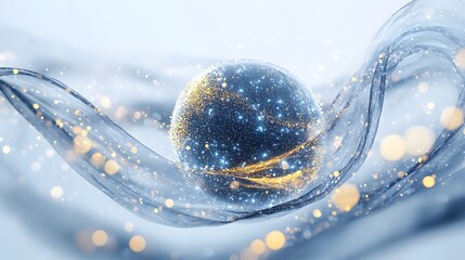 Poster - Floating 3D-rendered sphere surrounded by luminous particles, representing futuristic and modern design concepts
