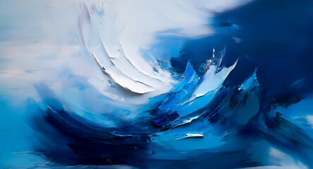 Poster - Abstract painting featuring dynamic brushstrokes in blue and white hues. The textured artwork suggests movement and fluidity, reminiscent of ocean waves or swirling water.