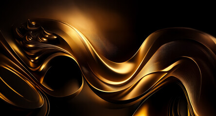 Leinwandbilder - Golden abstract waves flow smoothly against a dark backdrop.  The metallic texture catches light, creating a luxurious and elegant visual with fluid, flowing lines.