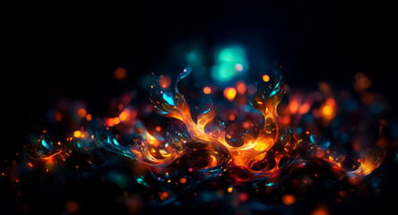Fototapete - Abstract flames with vibrant orange, yellow, and blue hues dance against a dark backdrop. Bokeh lights add sparkle and depth to the artistic composition.
