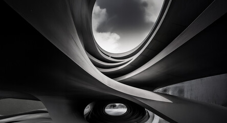 Poster - Abstract black and white photograph of a modern architectural structure with dynamic curved lines and dramatic perspective against a cloudy sky.