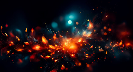 Fototapete - Vibrant abstract shapes explode with fiery orange and red against a dark backdrop. Teal bokeh lights add depth and contrast to the dynamic composition.