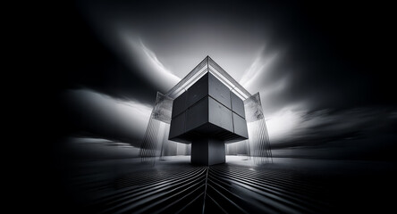 Fototapete - A dark, cube-like structure dominates the scene, set against a dramatic sky with swirling clouds.  The black and white tones create a moody, abstract, and architectural atmosphere.