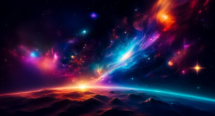 Poster - Vibrant nebula and stars illuminate a dark, rocky planet with a glowing horizon in deep space. A cosmic vista of wonder and mystery.