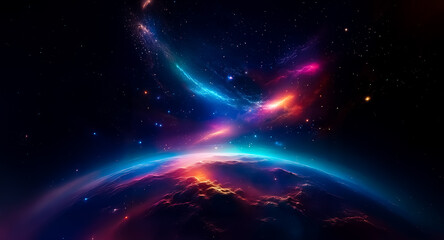 Fototapete - Vibrant cosmic clouds and stars illuminate a dark space, resembling a dreamy nebula over a planet-like sphere. Ethereal and abstract celestial scene.