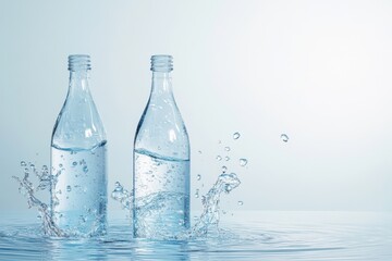 Poster - Clear water bottles create splashes on a smooth surface against a light background