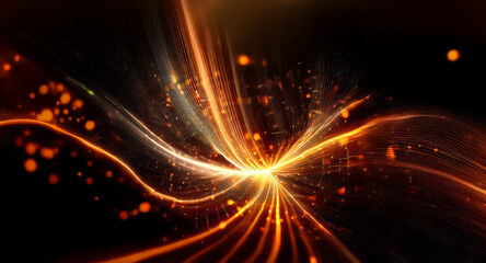 Fototapete - Abstract image featuring vibrant orange and yellow light streaks emanating on a dark backdrop, creating a dynamic and energetic visual with sparkling accents.
