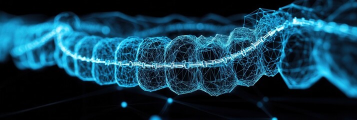 Poster - High-tech 3D wireframe model of dental arch with braces in futuristic blue and black design showcasing advanced orthodontic technology
