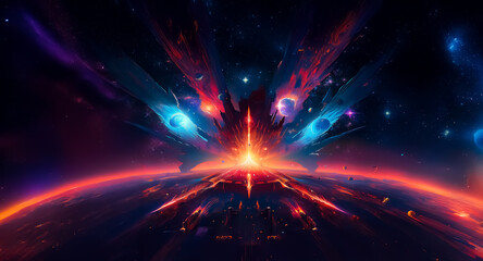 Fototapete - A vibrant cosmic vista unfolds, showcasing a planet illuminated by a central radiant source. Colorful nebulae, distant stars, and celestial bodies paint a dynamic, energetic space scene.