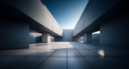Poster - Modern geometric architecture featuring concrete columns and beams under a clear blue sky. Strong lines and shadows create depth and perspective.