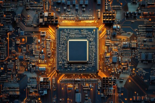 Top view of the chip on a graphics card, symmetrical composition, close-up shot