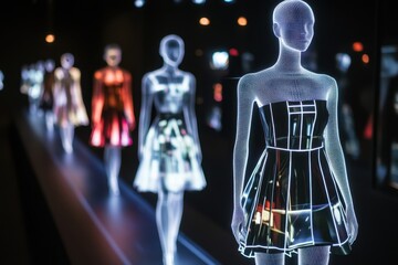 Poster - Digital mannequins showcase futuristic fashion designs in an interactive exhibition space
