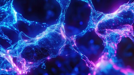 Poster - Abstract background of a glowing digital web with bright blue and violet nodes interconnected, representing futuristic data flow and cyberspace