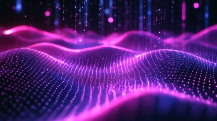 Poster - An abstract technology-inspired background with neon purple waves, glowing grids, and smooth futuristic textures