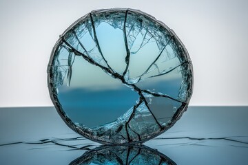 Poster - Shattered glass reflecting calm waters under soft daylight