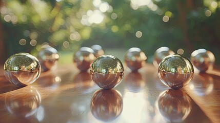 Poster - An artistic rendering of shiny bronze metallic balls on a high-gloss surface, capturing depth, symmetry, and luxurious reflections.