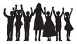 © Alexbrow - Black silhouette of children with teacher standing together with hands up. Flat vector illustration isolated on transparent background