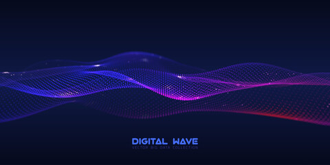 Poster - Abstract digital audio wave of particles with bokeh. Futuristic AI technology. Cyber data flow vector concept.