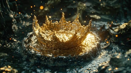 Poster - Dynamic motion of molten gold colliding with a surface, producing a stunning crown-shaped splash.
