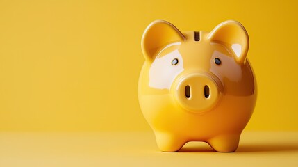 Poster - Financial planning concept with a glossy yellow piggy bank sitting proudly against a warm yellow background