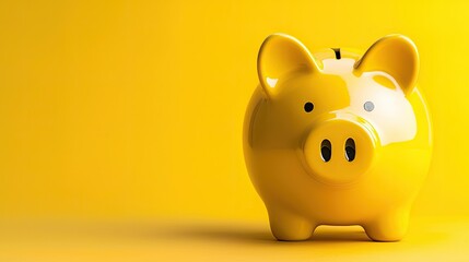 Poster - Financial planning concept with a glossy yellow piggy bank sitting proudly against a warm yellow background