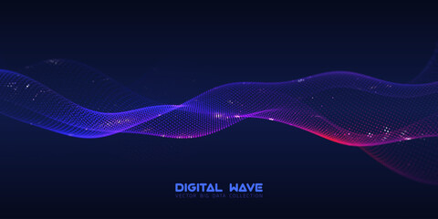 Poster - Abstract digital audio wave of particles with bokeh. Futuristic AI technology. Cyber data flow vector concept.