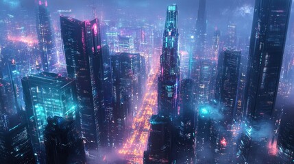 Poster - Futuristic metropolis bathed in neon lights, with glowing pathways connecting towering skyscrapers, symbolizing AI and smart city evolution
