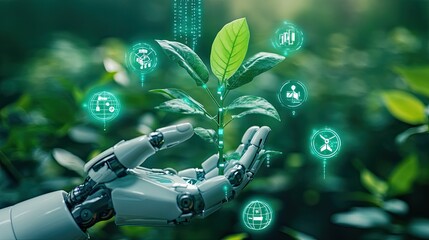 Poster - Futuristic robot hands gently cradle a vibrant green plant, surrounded by floating digital icons representing the Sustainable Development Goals (SDGs)