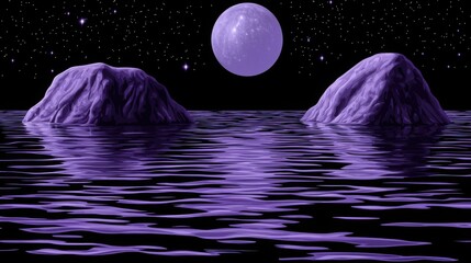Aufkleber - Mystical purple moon hanging over a calm body of water creating a dreamy atmosphere and reflective surface at night
