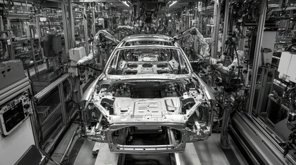 Poster - High-tech robotic arms welding and assembling car frames in an advanced production facility.