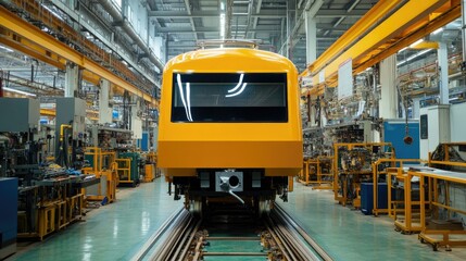 Poster - Industrial train manufacturing facility with a yellow locomotive under construction, surrounded by state-of-the-art machinery