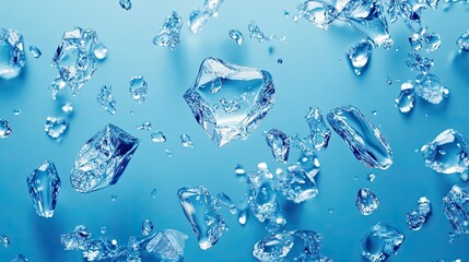Poster - Large glistening water droplets scattered across a blue background, symbolizing freshness and clarity